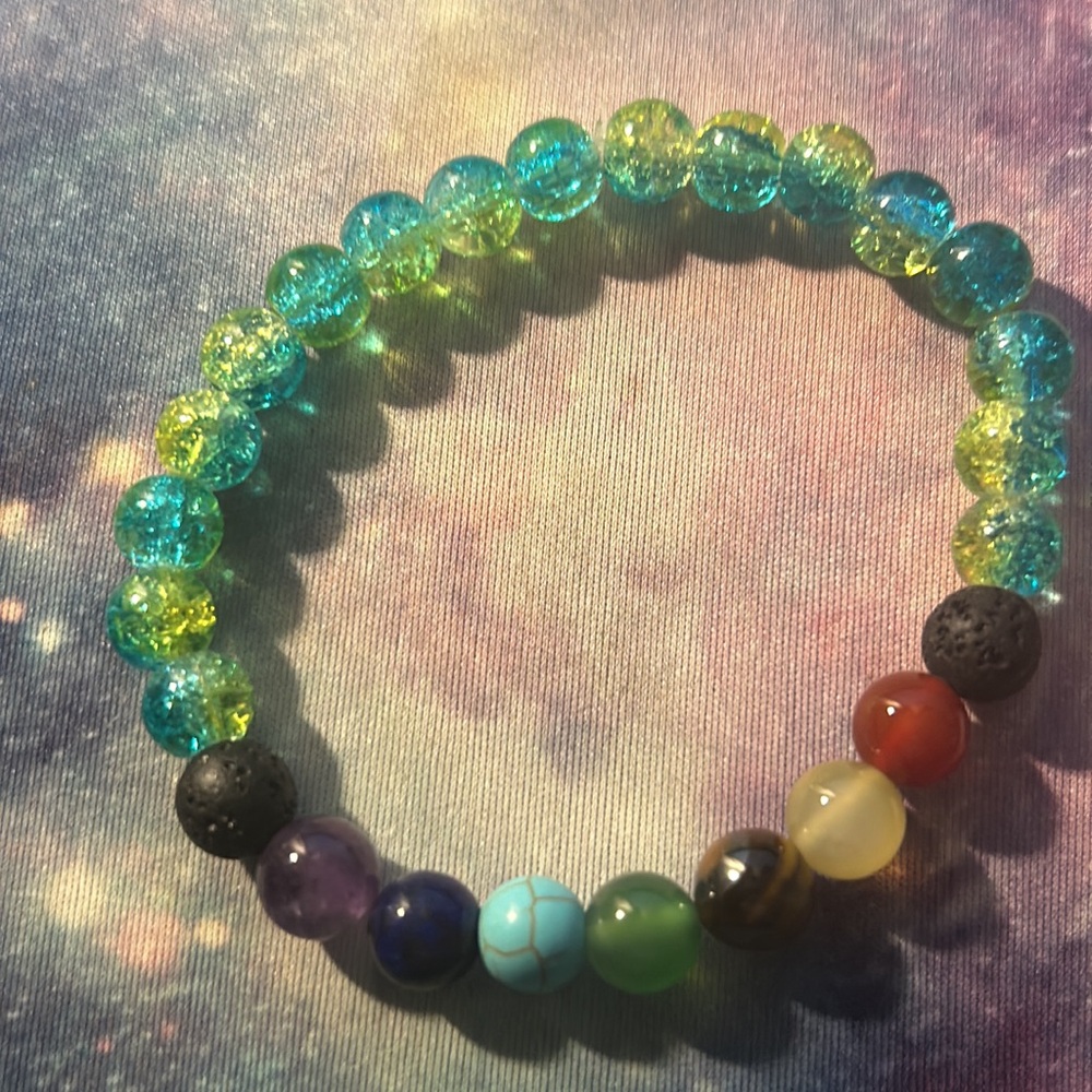 Green glass and semi precious chakra bracelet